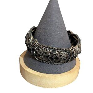 Vintage Ornate‎ Silver-Tone Bracelet Intricate Black Stone - Boho Chic Jewelry